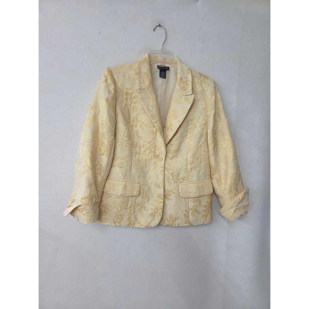 Dialogue Jacquard Blazer Women Size 4 Yellow‎ Floral Damask Single Button Cuffed